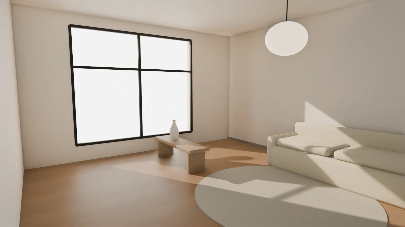 The long room of Casa Lume: oak floor, a tall black-framed window, low sun across a linen sofa